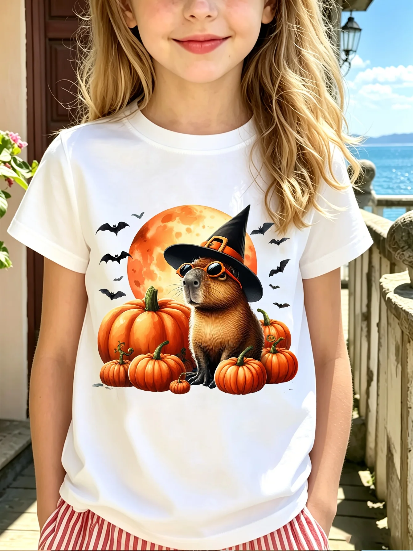 Kids Cute Halloween Capybara Print T Shirt Short Sleeve Witch Hat Pumpkin Bat Graphic Tees Casual Tops for Boys and Girls Tops