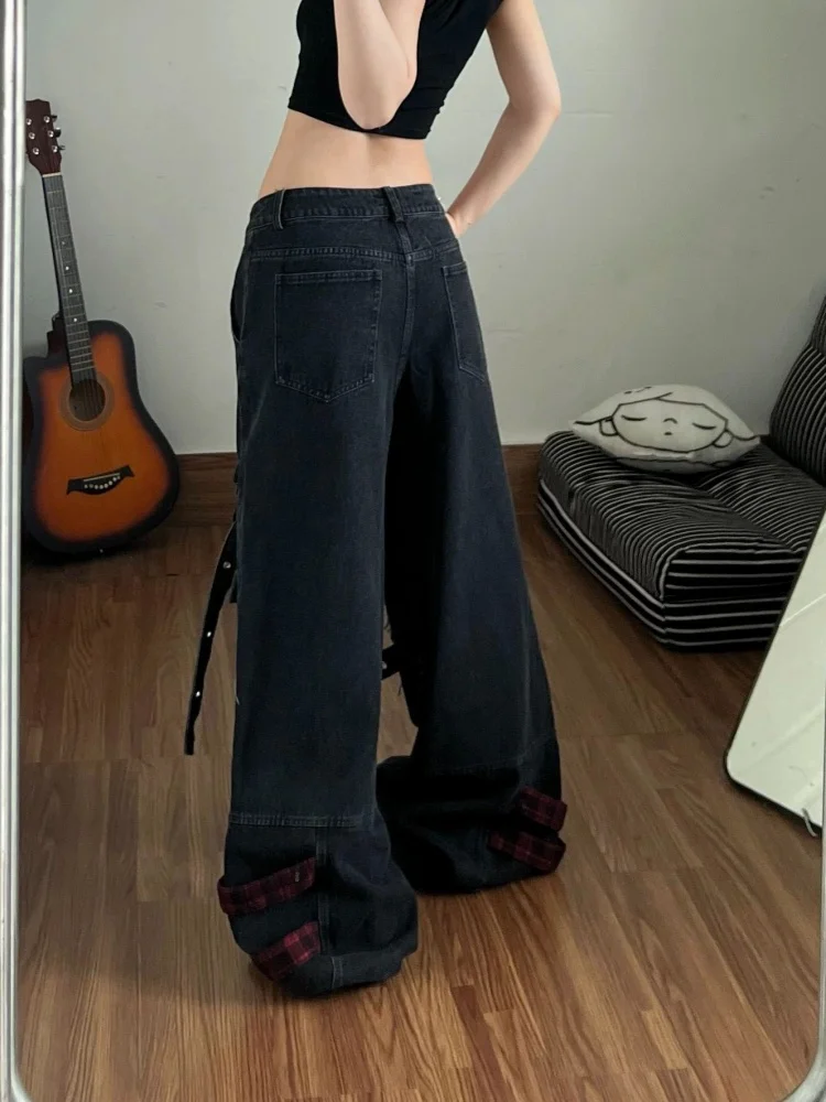 2025 Punk Y2K Style Plaid Patchwork Baggy Stacked Ripped Women's Jeans Pants For Woman Clothes Wide Leg Streetwear Long Trousers