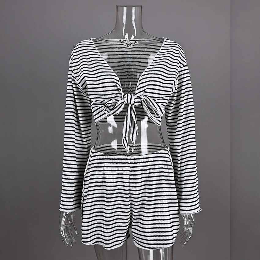 Linad Zomer Casual Streep Wikkelblouse Met Elastische Taille Shorts 2-delige Sets Street Chic V-hals Tops 2025 Crop Top Outfits
