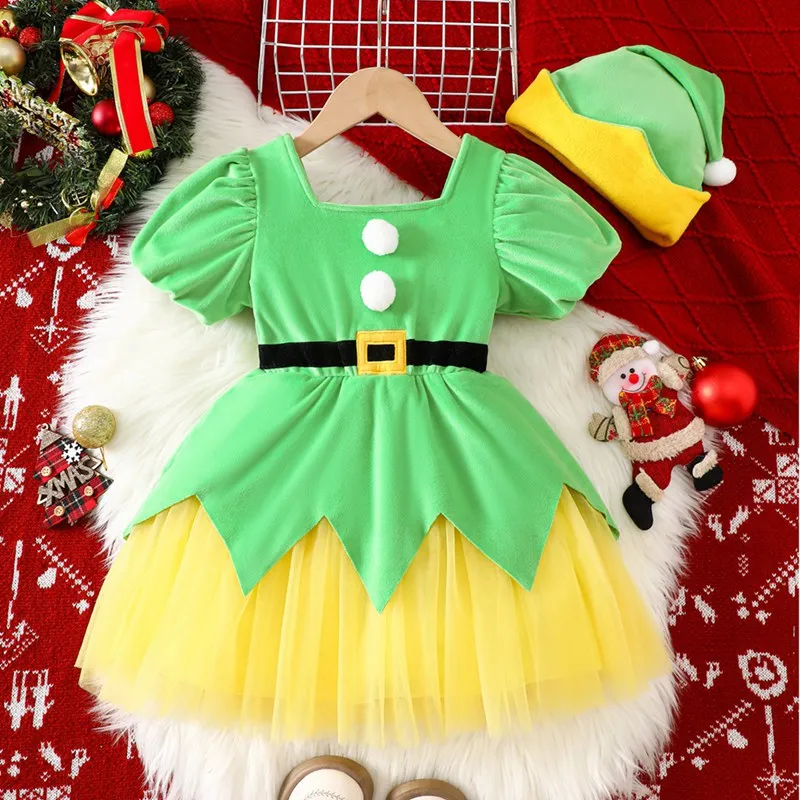 

Christmas Girls Dresses Elf Costume Holiday Dress with Tulle Hem + Matching Santa Hat, Kids Girls Dress for 1-6 Years