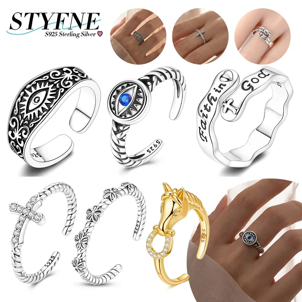 925 Silver Faith in God Cross Evil Eye Open Rings Blue Zircon Vintage Twisted Band Rings for Women Party Holiday Jewelry Gift