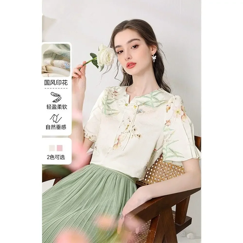 

New Chinese Style Chiffon Top for Women New Simple Printed Top Flared Sleeves Light Chinese Style