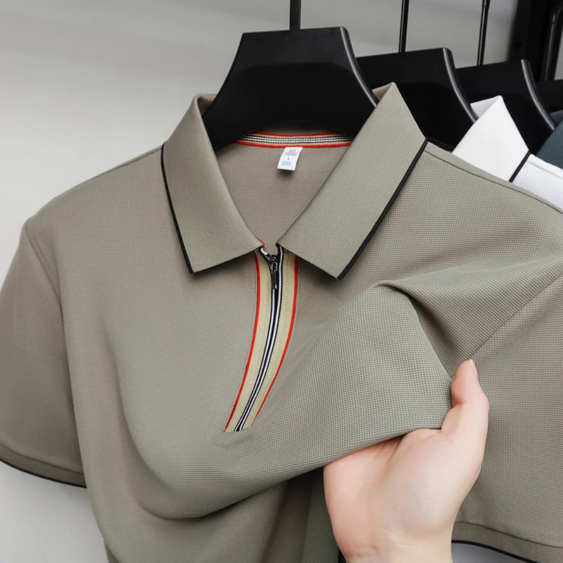 

High end brand ice silk short sleeve polo shirt comfort breathable men's T-shirt summer new striped design business casual top