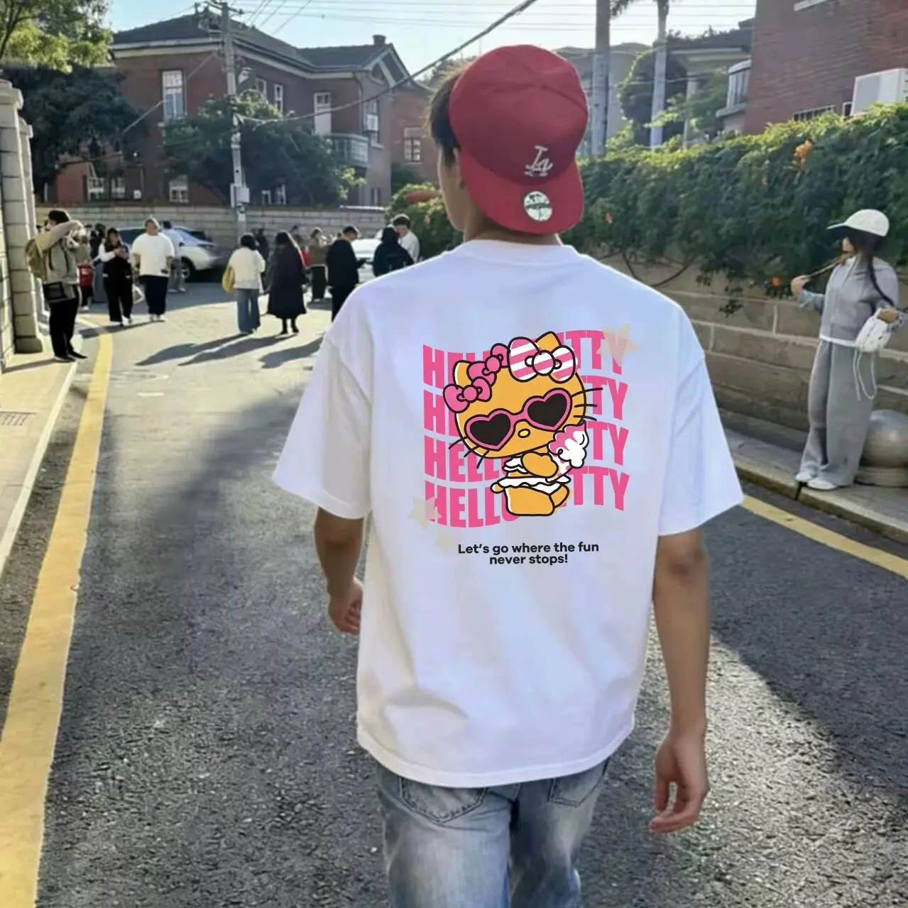 2026 Hello Kitty Black Skin Hello Kitty New Collaboration Male Female Couple American Retro Short Sleeve T-shirt