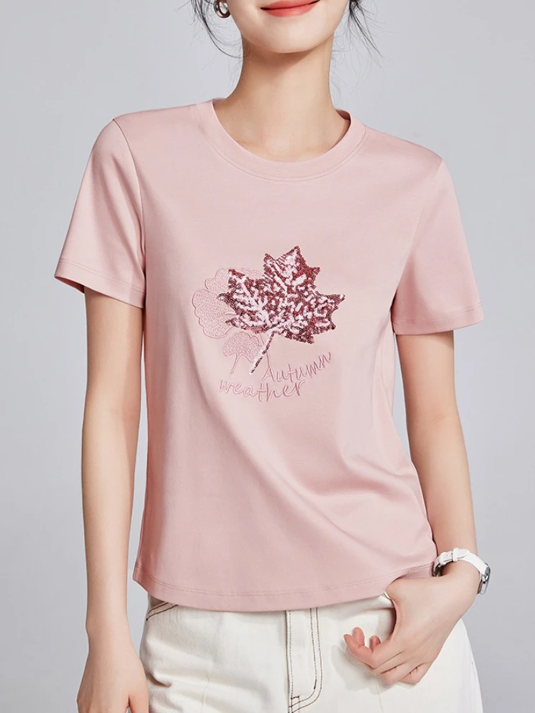 2025 Summer Women's Maple Leaf Beaded T-Shirt | Mercerized Cotton Oversized Round Neck Top | Slim Fit Casual Blouse