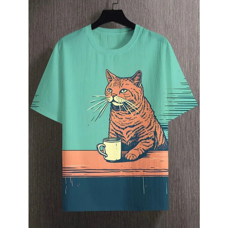 Funny Vacation Cowboy Cat Pattern T Shirt For Men Summer Cute Animal 3D Printed Tees Casual Short Sleeve Tops Street Clothes