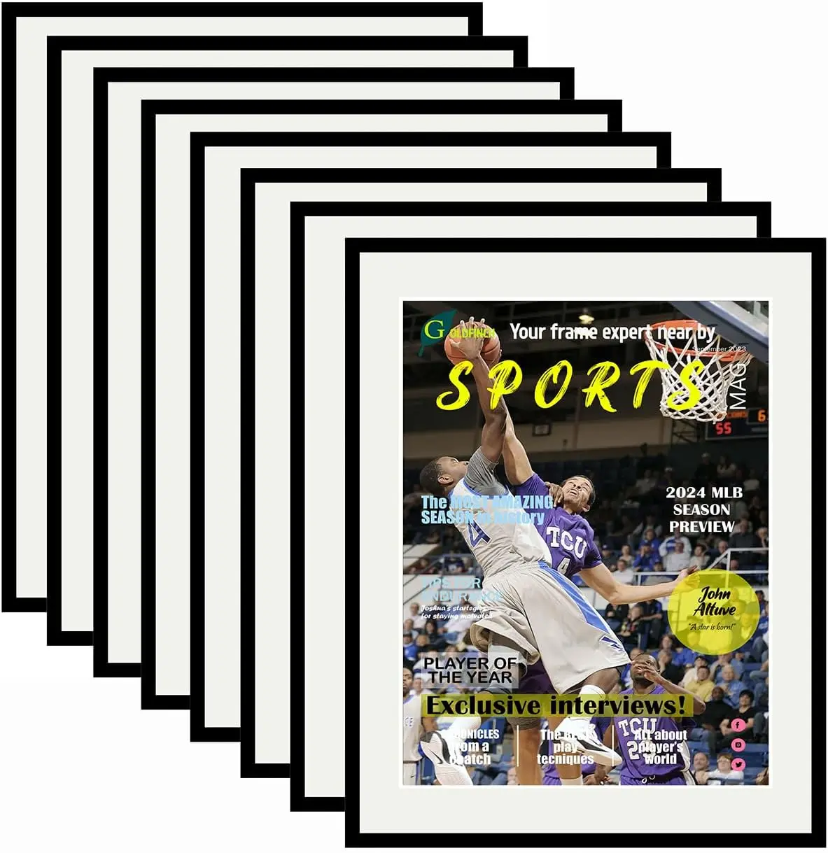 

8 Packs Sports Magazine Frames Displays Magazines Measuring 8.5 x 11.25 inches with White Core Matting, High Glossy Fr