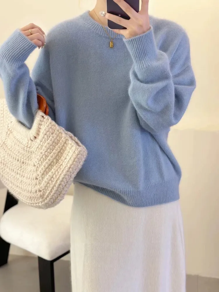 2023 Korean Autumn/Winter Thicken Loose Cashmere Sweater Women\'s Round Neck Pullover 100% Pure Wool Knit Sweater Soft Top Female