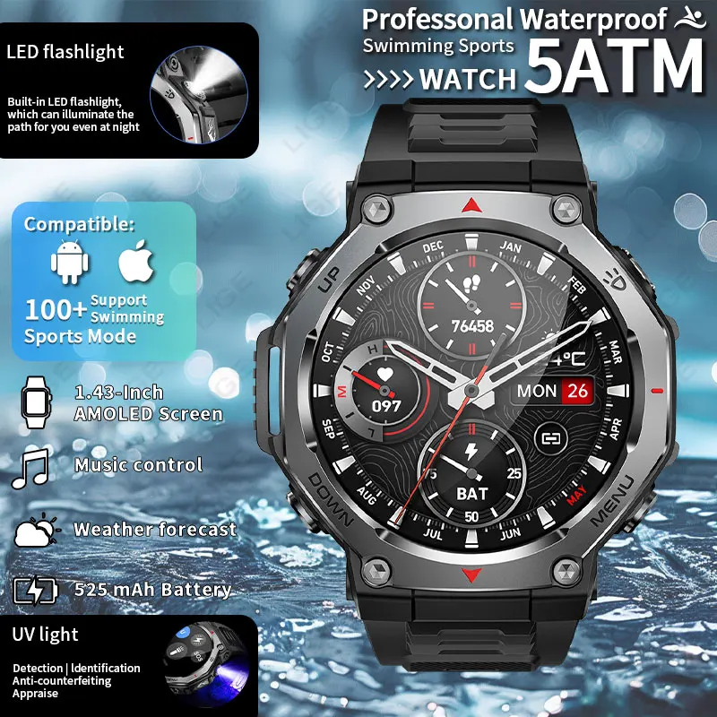 

2026 Men's Smart Watch AMOLED Screen Sports Tracker Sleep Monitor 5ATM Waterproof Bluetooth Call Flashlight Military Smartwatch