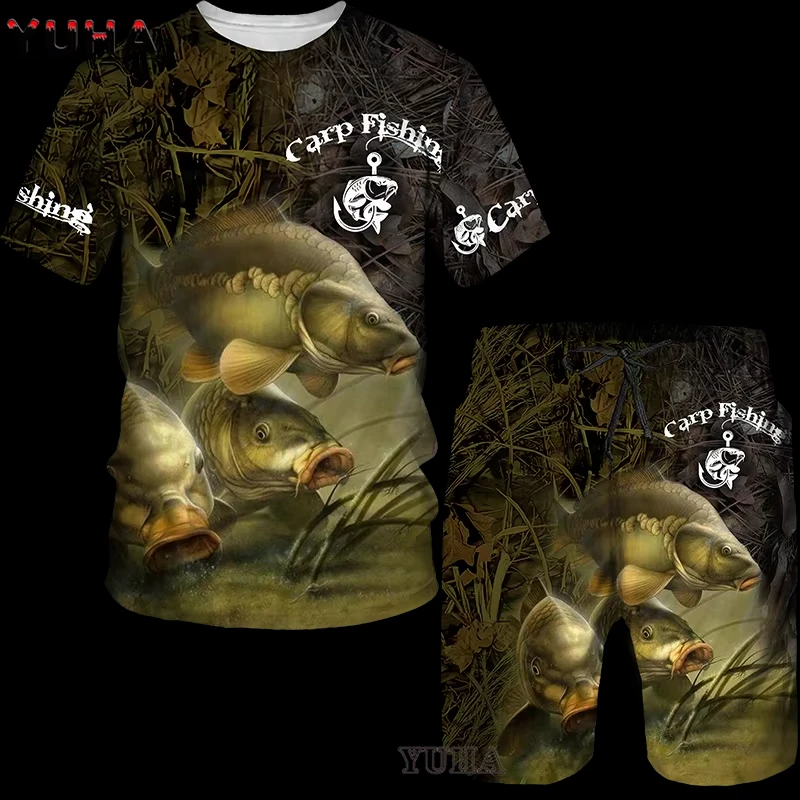 ปลาคาร์พตกปลา 3Dพิมพ์ผู้ชายTracksuitsเสื้อผ้าฤดูร้อนผู้ชายเสื้อยืดกางเกงขาสั้นชุดผู้หญิงกีฬาTracksuitsเด็กTshirtเสื้อผ้า