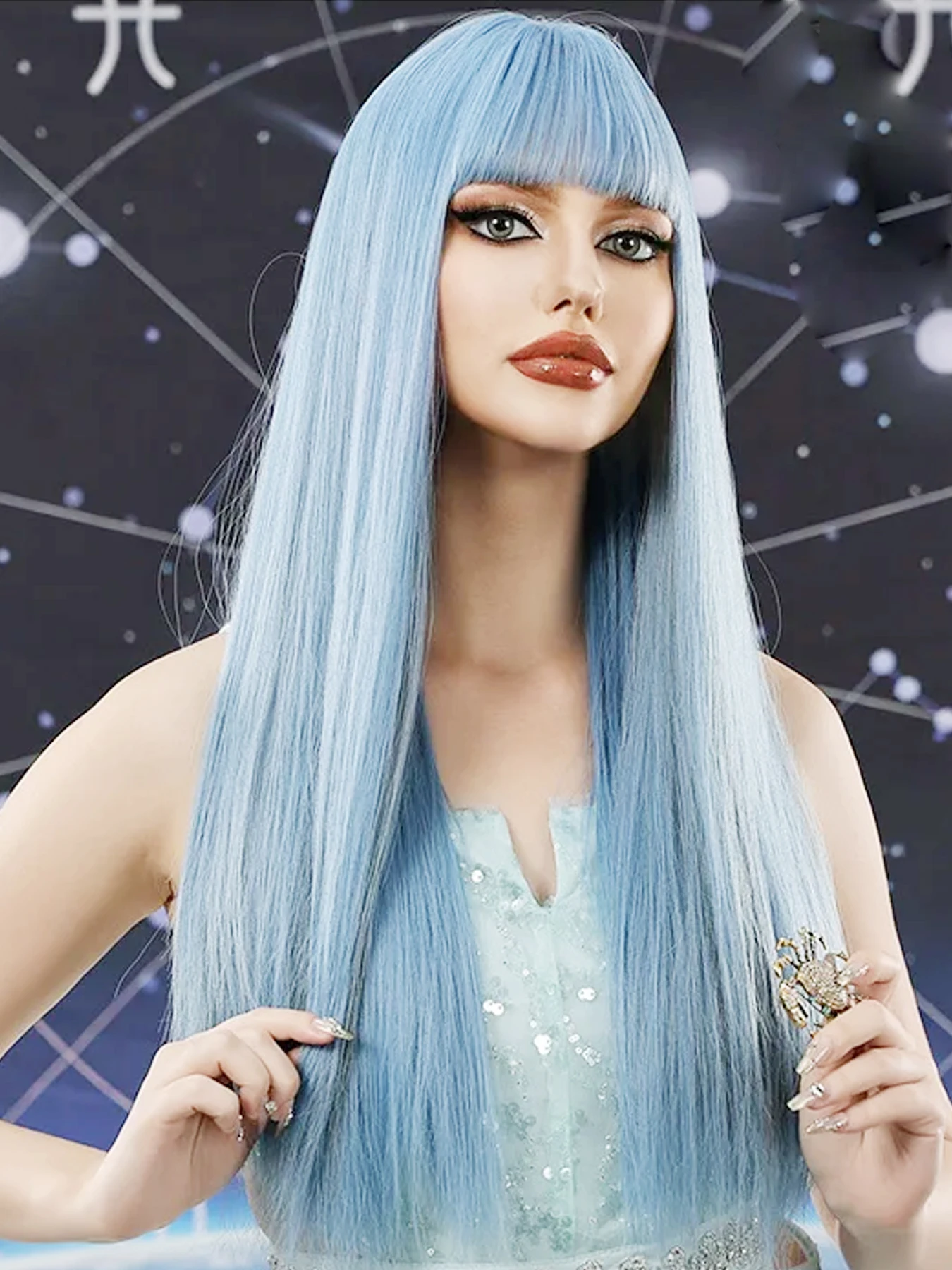 

24 "60cm crystal blue Lolita long straight hair with bangs anime costume cosplay wig Halloween wig