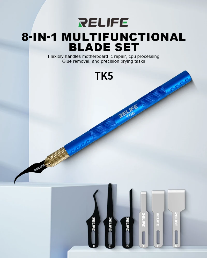

RELIFE TK5 8 in 1 multi-function blade set Remover Knife Thin Blade Motherboard BGA PCB Chip IC CPU Glue Cleaning Repair tool