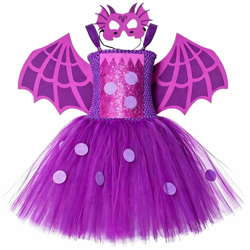 Purple Dragon Fluffy Tulle Tutu Gown Girls Dino Cosplay Outfit Complete with Wings Mask for Halloween Carnival Stage Birthday