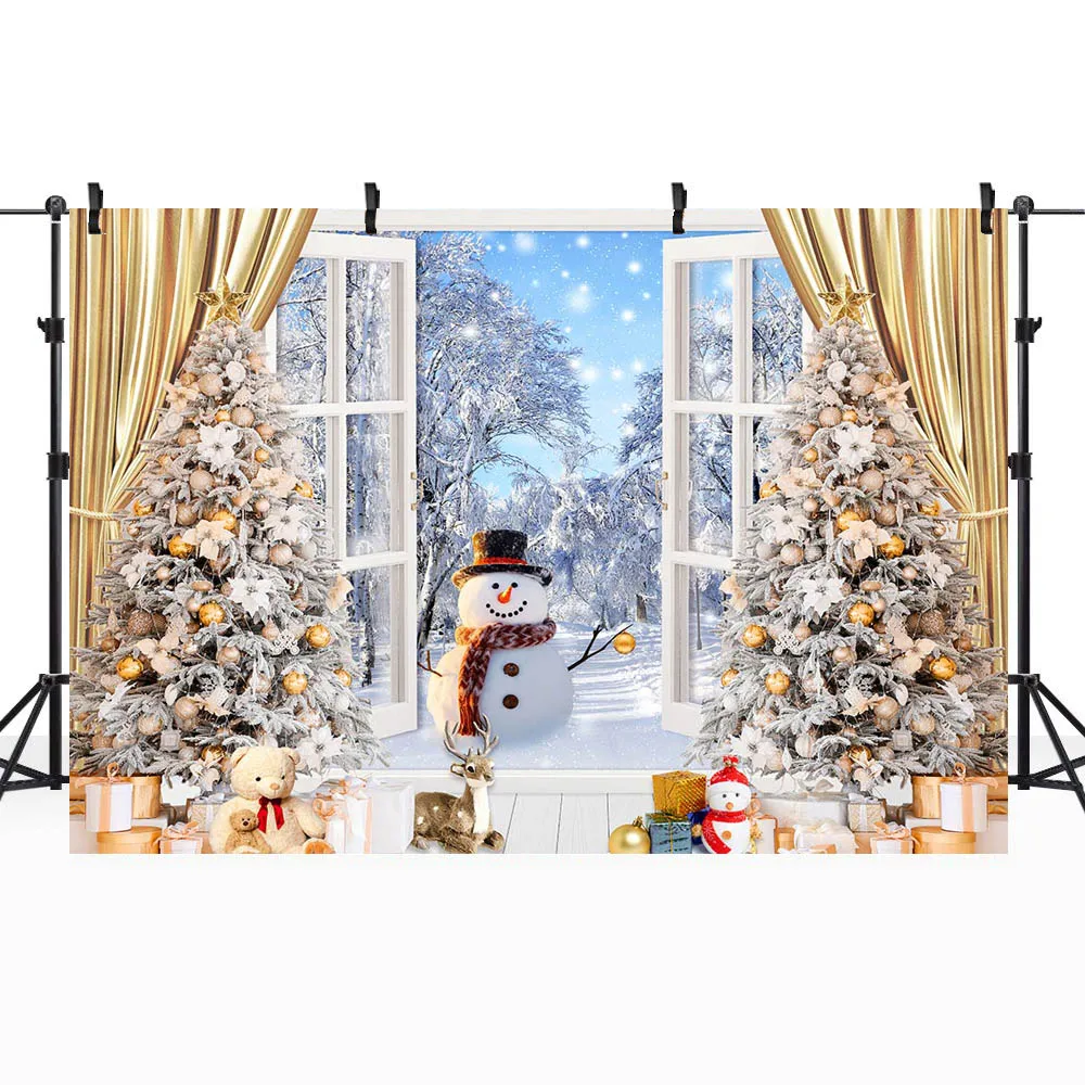 Mocsicka Kerst Winter Fotografie Achtergrond Raam Sneeuw Bos Sneeuwman Xmas Boom Gouden Gordijnen Baby Kind Foto Achtergronden