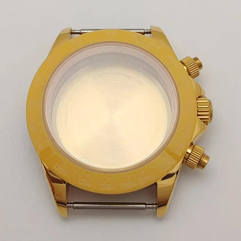 إكسسوارات علبة الساعة المخصصة حافظة 39 ملم مع إطار سيراميك ذهبي أرضي متوافق مع حركة كوارتز ثلاثية العيون VK63