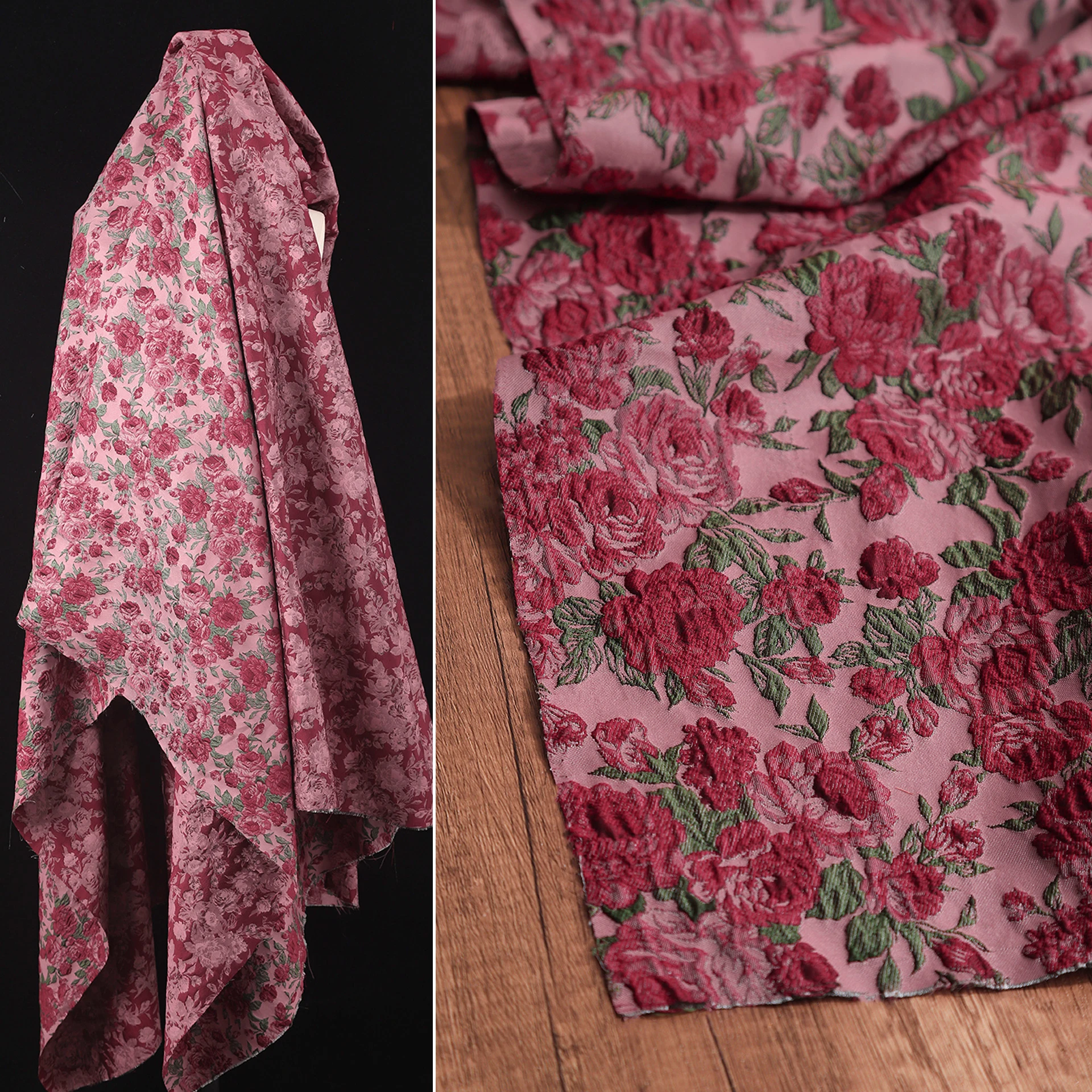 Warm red rose jacquard fabric new Chinese rose three-dimensional texture half skirt dress designer fabric