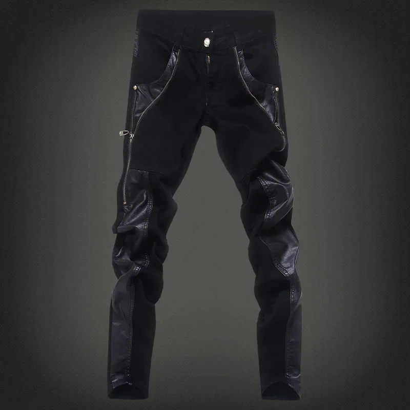 

New 2024 Streetwear Fashion Leather Patchwork Skinny Jeans Men Brand Punk Style Slim Fit Pencil Pants Men Denim Pants for Men