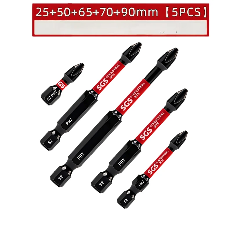 5-Piece Set of Ph2 Impact Screwdriver Bits, S2 Steel Strong Magnetic Anti-Slip Screwdriver Bits, 25-90mm Multi-Specification Extended Bits, 1/4 Hex Shank Universal Screwdriver Heads