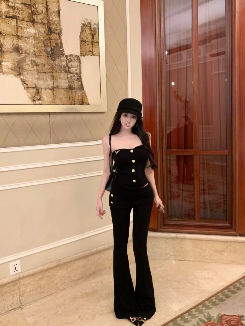 

Black Sexy Short Crop Top And High Waist Flared Pants Women's Summer Hot Girl Casual Outfit Two-Piece Set Fashionable Ensemble