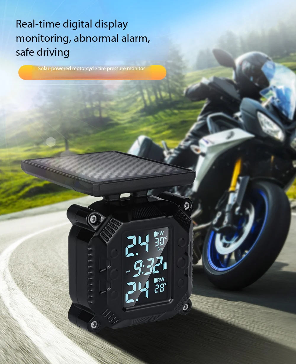 Motorcycle & Electric Bike External TPMS with Solar Magnetic Charging, Two-Wheel Vehicle Dedicated Sensors