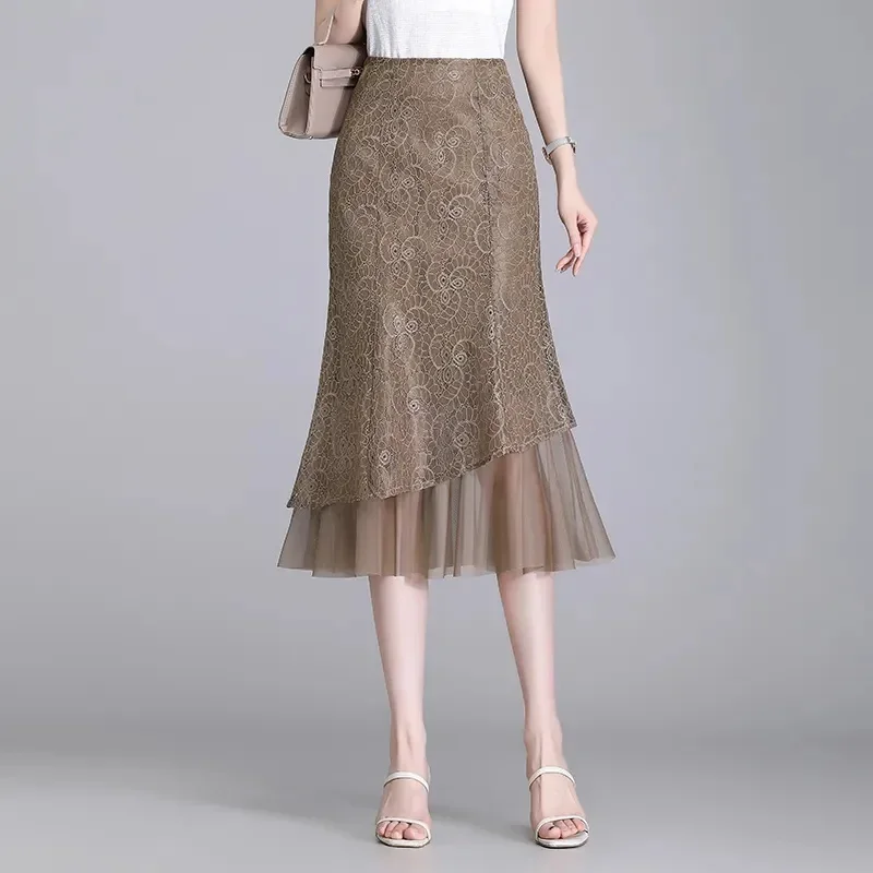 Korean Femme High Waist Fishtail Long Skirts Summer Lady Large Size 4xl Half Body Gauze Skirt 2025 Women Mesh Lace Maxi Skirt
