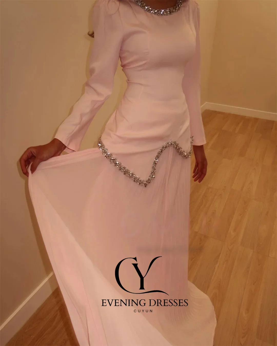 CUYUN-vestidos de fiesta personalizados para mujer, para ocasiones especiales, lujoso vestido de fiesta de manga larga, vestido elegante rosa con cuello redondo brillante