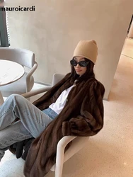 Mauroicardi Spring Winter Long Brown Thick Warm Soft Faux Mink Fur Coat Women Puff Sleeve Elegant Luxury Chic Fluffy Clothes
