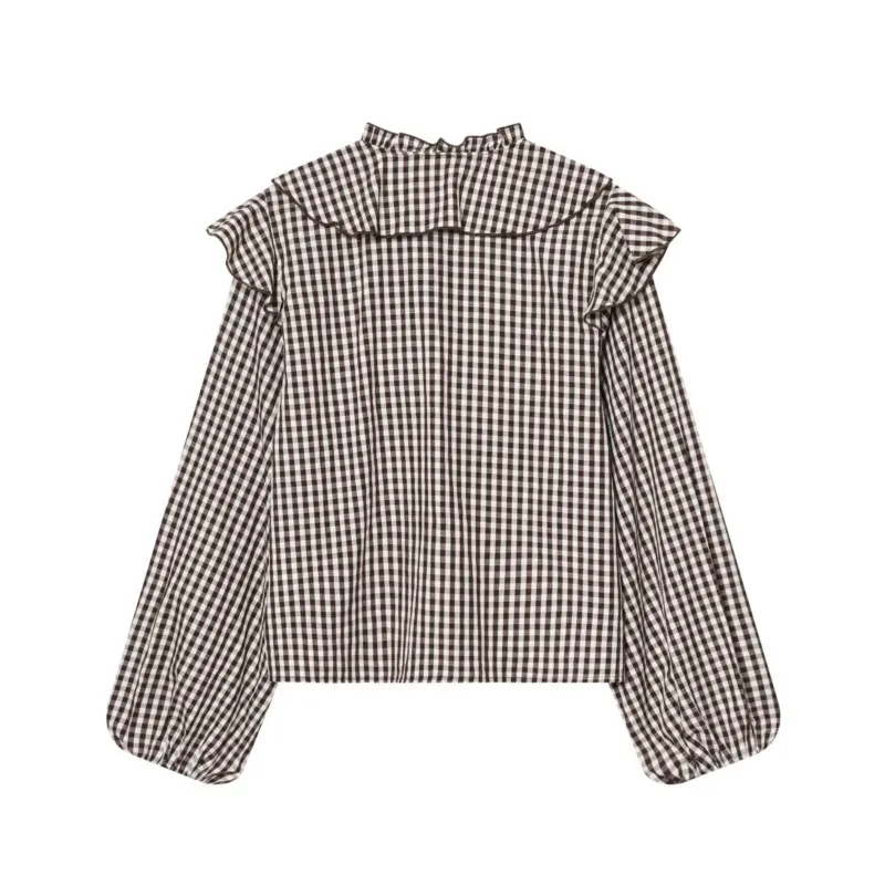 HipSeam Women Ruffled Gingham Shirt with Ties Spring Summer O Neck Long Sleeve Women's Shirt & Blouses FemaleRuffle Trims Tops