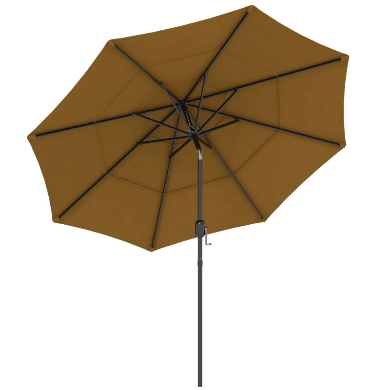 Three-layer brown 9-foot outdoor patio umbrella with crank button angle, used for deck backyard lawn sunshades