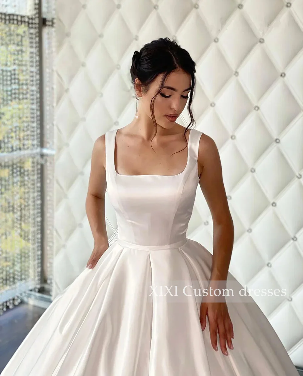 

XIXI Customized Evening Dresses A-Line Square Neckline Floor-Length Satin Zipper Up Regular Straps Lining Elegant Party Dresses