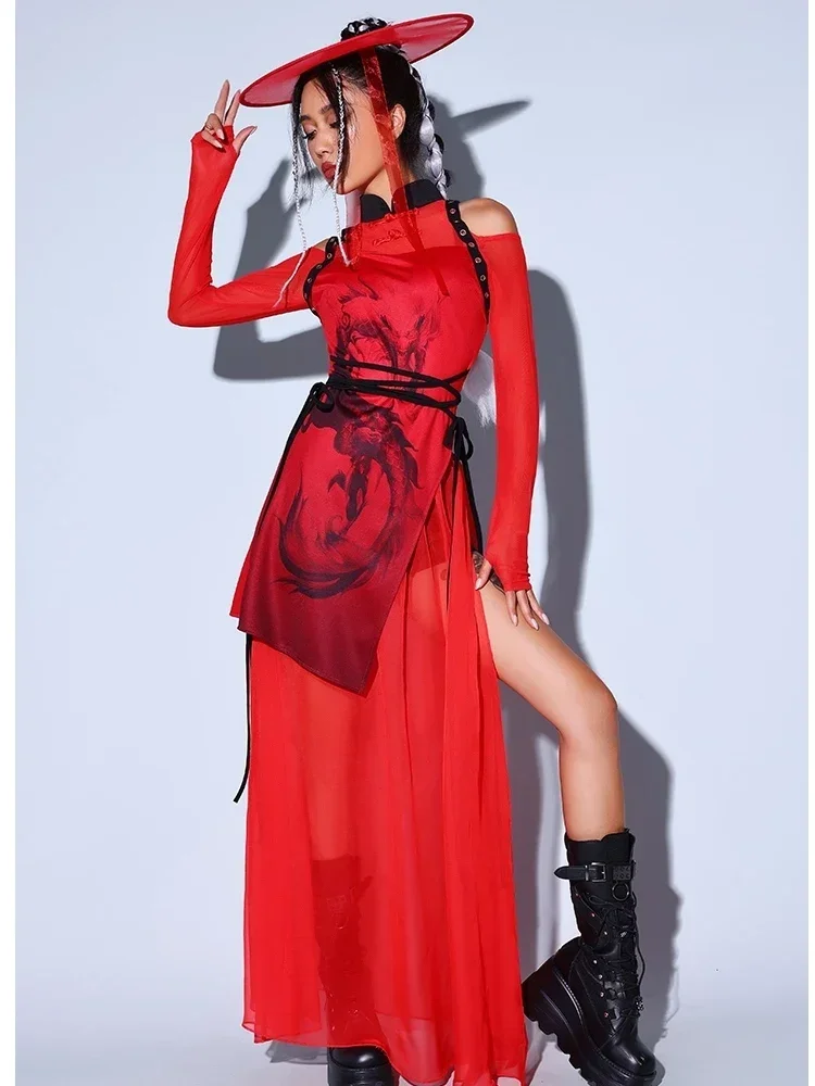 Women Jazz Dance Costumes Girls Group Gogo Dancers Performance Hip Hop Stage Wear Chinese Style Red Loose Outfits
