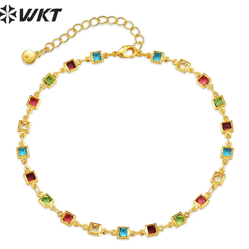 

WT-MB125 WKT New Colorful Cubic Zircon Chain Bracelet 17cm Long Real Gold Plated Choker Bracelet for Girl Popular Gift