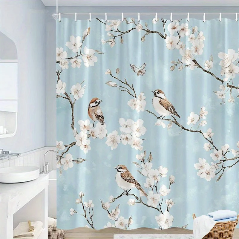 Waterproof Shower Curtain Cherry Blossoms Floral Birds Spring Bathroom Decor Aesthetic Japanese Sakura Shower Liner Curtain