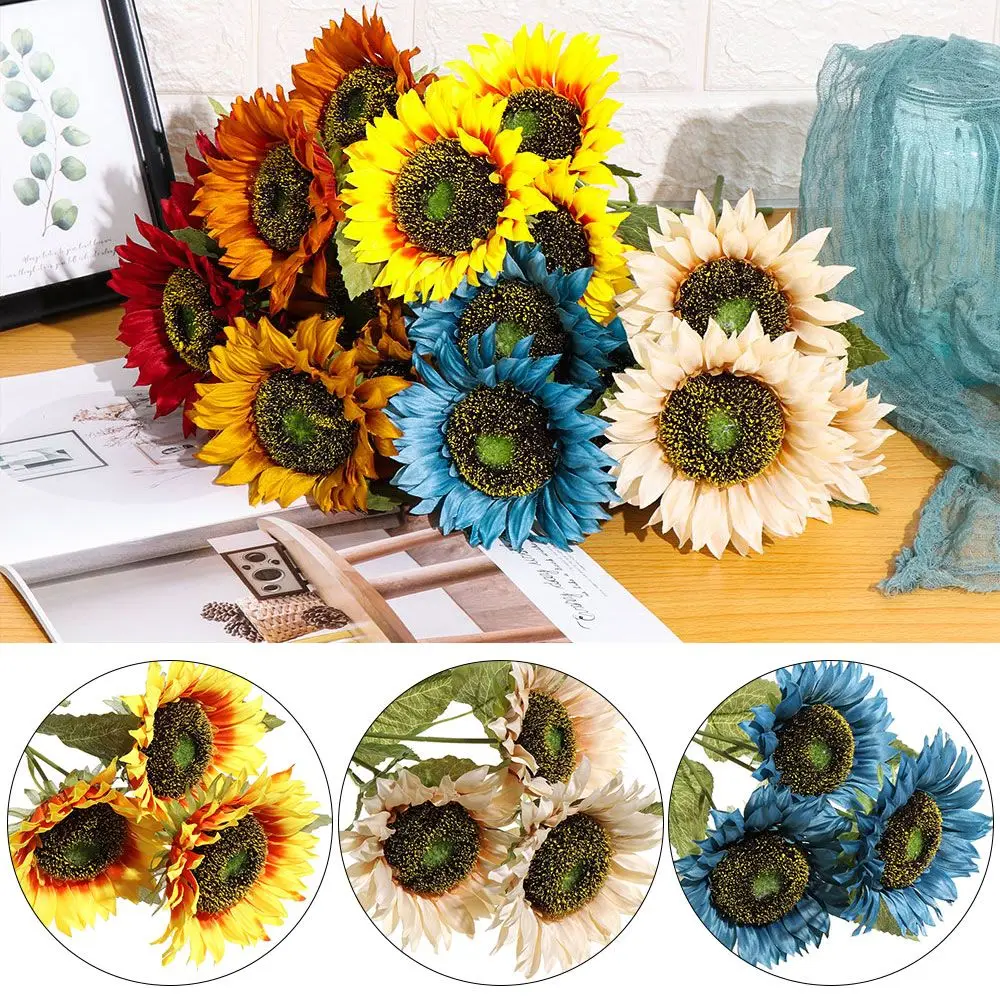 3Heads Decorative Home Decor Bright Yellow  Silk Sunflower Artificial Flower Fake Flores Bouquet Wedding Decoration