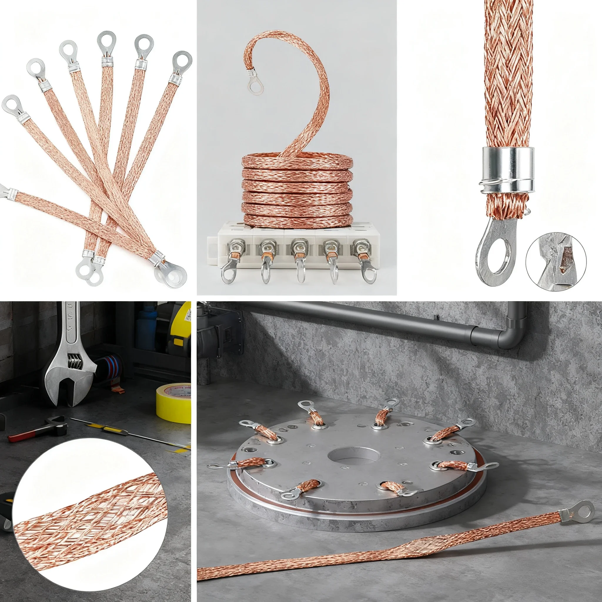 200 250 300mm Flexible Tinned Copper Braided Jumper Straps for Cable Tray Cabinet Door Grounding Electrical Bonding Connection