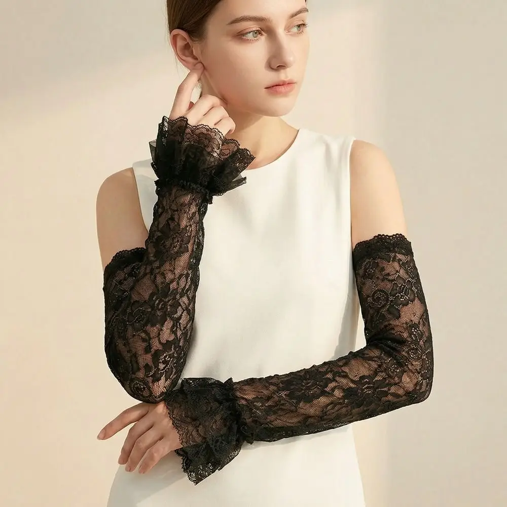 Breathable Elastic Lace Ice Silk Sleeves Thin Mesh Sunscreen Arm Sleeve Hollow UV Insulation Long Sleeved Arm Cover Cycling