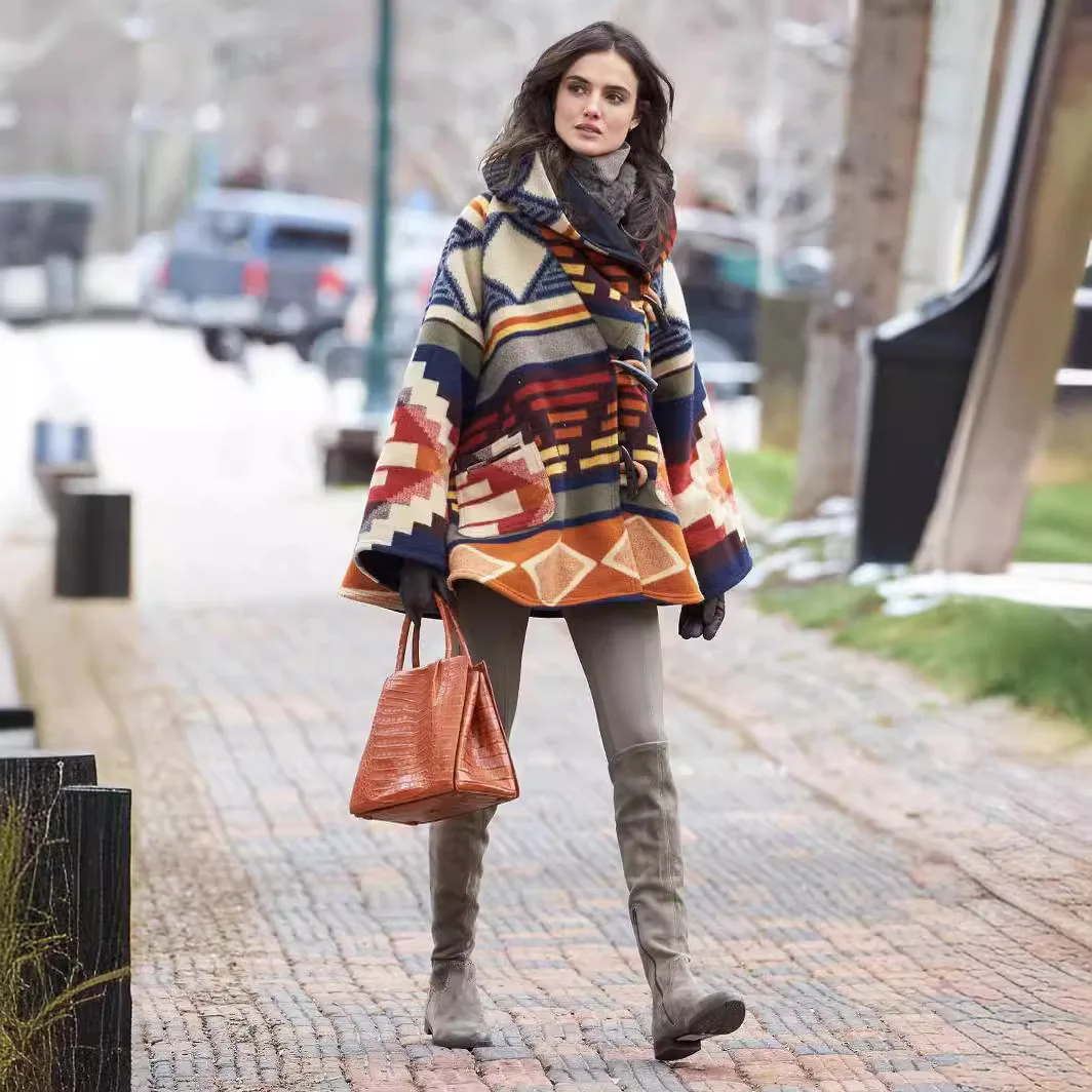 2025 New Autumn and Winter Women's Fashion Loose Long-sleeved Hooded Jacket Printed Dragon and Phoenix Wool Coat