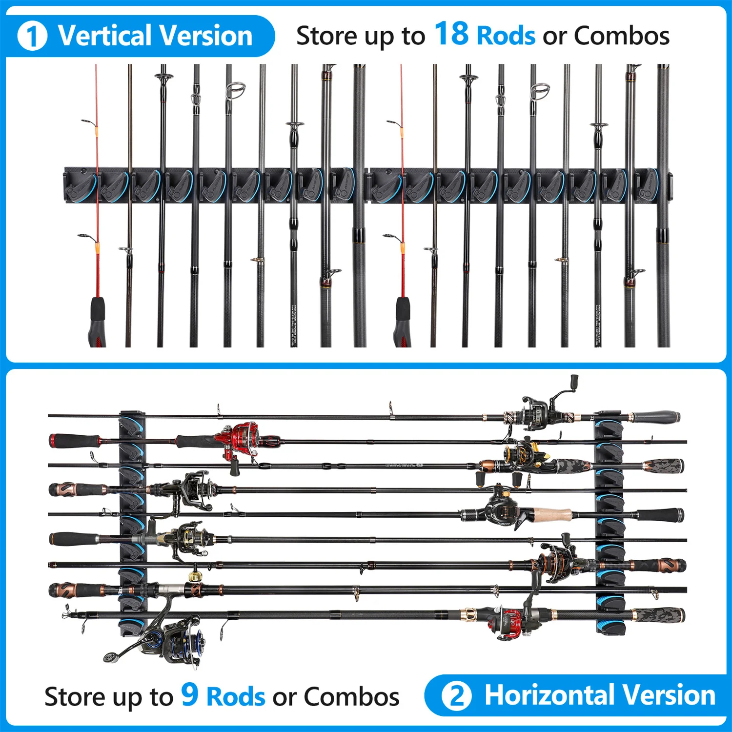 PLUSINNO Vertical Wall Mounted Fishing Rod Holder  Pole Rack Holds Up to 9 Rods or Combos