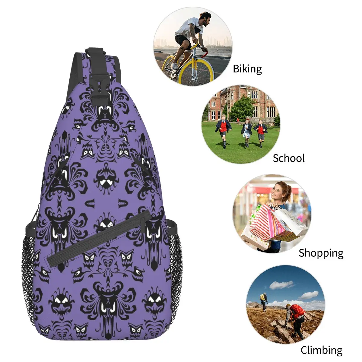 Grimace Haunted Mansion Sling Bag Chest Crossbody Shoulder Backpack Outdoor Sports Daypacks Halloween Horror Printed Satchel