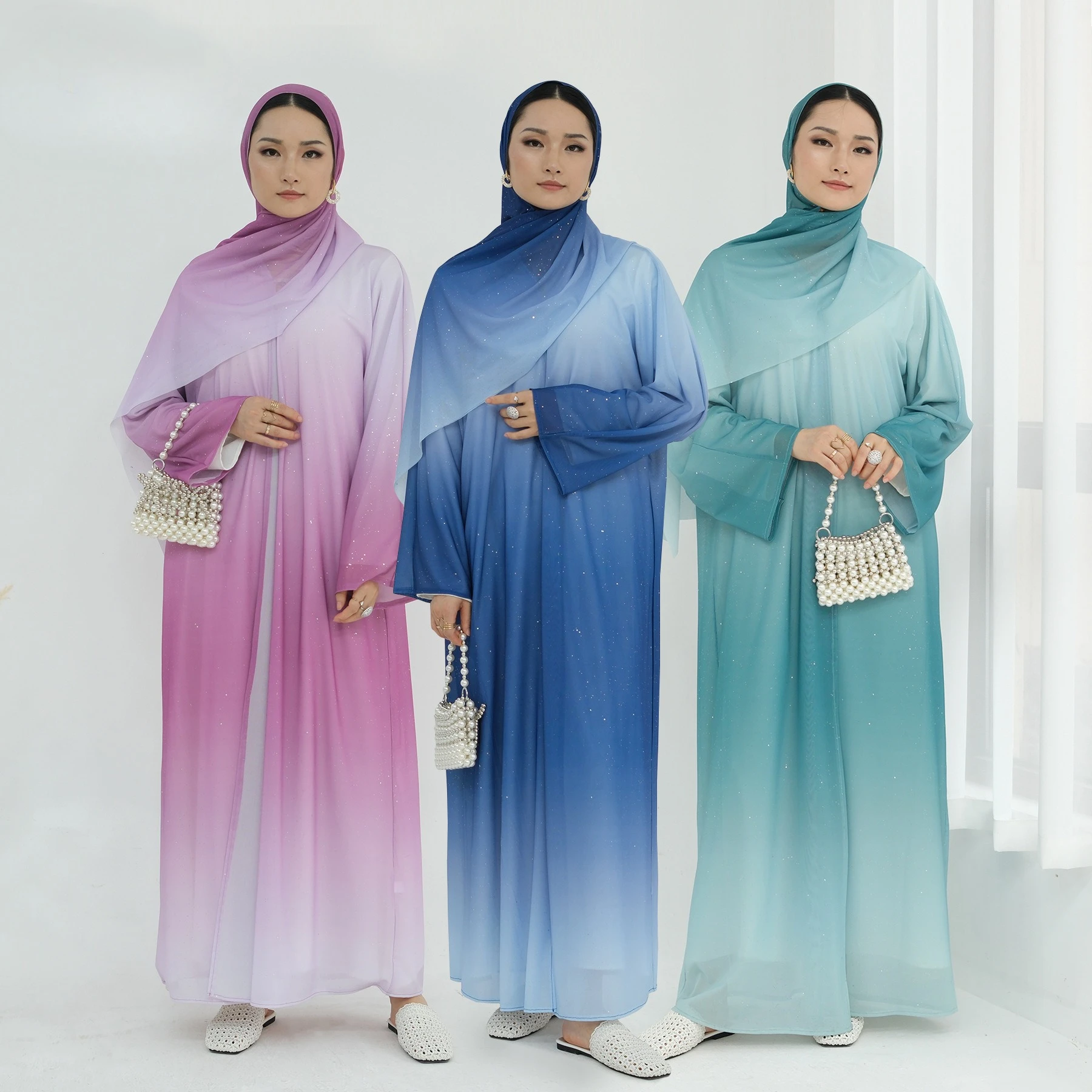 Nieuwste Hot Selling Trend Dubai Abaya Hijab Set Ontwerpen Ombre Kleur Open Abaya 2025, Damesjurk met Hijab Mode Abaya Pak