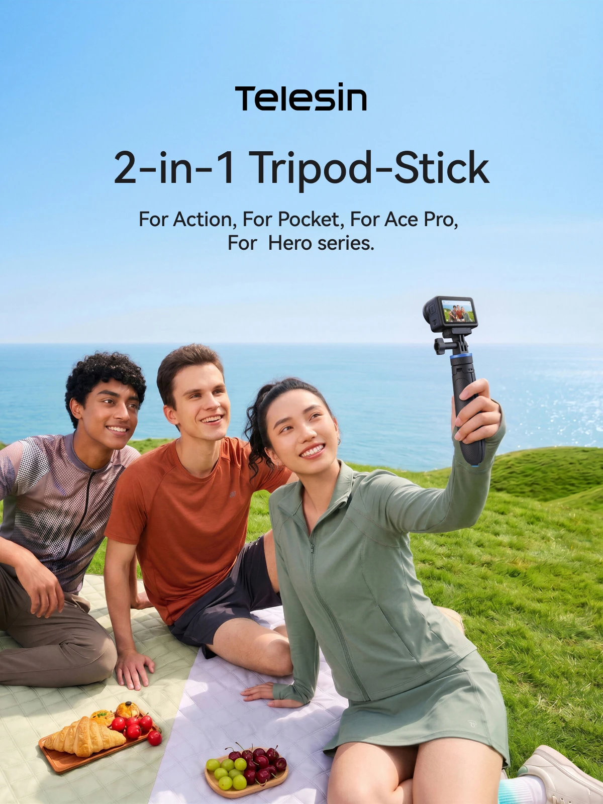 TELESIN Mini – szybko składany statyw do selfie, wykonany ze stopu aluminium, kompatybilny z kamerami DJI Osmo, GoPro i Insta360, z uchwytem do trzymania w ręku. — zdjęcie produktu 7