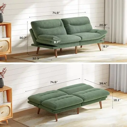 

Green Corduroy 74.8 Inch Convertible Futon Sofa Bed With Adjustable Backrest And Armrests For Compact Living Spaces