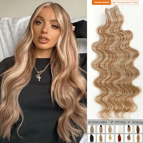 Magicae-extensiones de cabello sintético largo, 30 pulgadas, 200 gramos, ombré 27/ 613, Rubio y marrón, mechones de pelo ondulado con cola de caballo