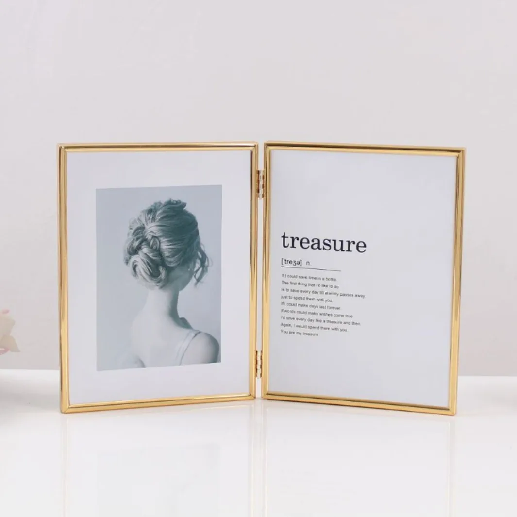Double‑Sided Folding Metal Photo Frame Gold Silver Rose Gold Tabletop Picture Frame Desktop Family Photo Display Home Decor