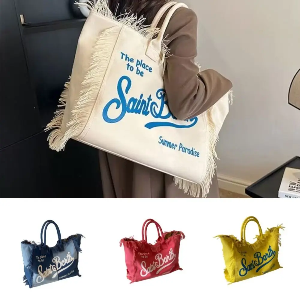 

Vintage Tassel Design Women Canvas Bag Large Capacity High Quality Casual Shoulder Bag Simple Style INS Beach Tote Bag Vacation