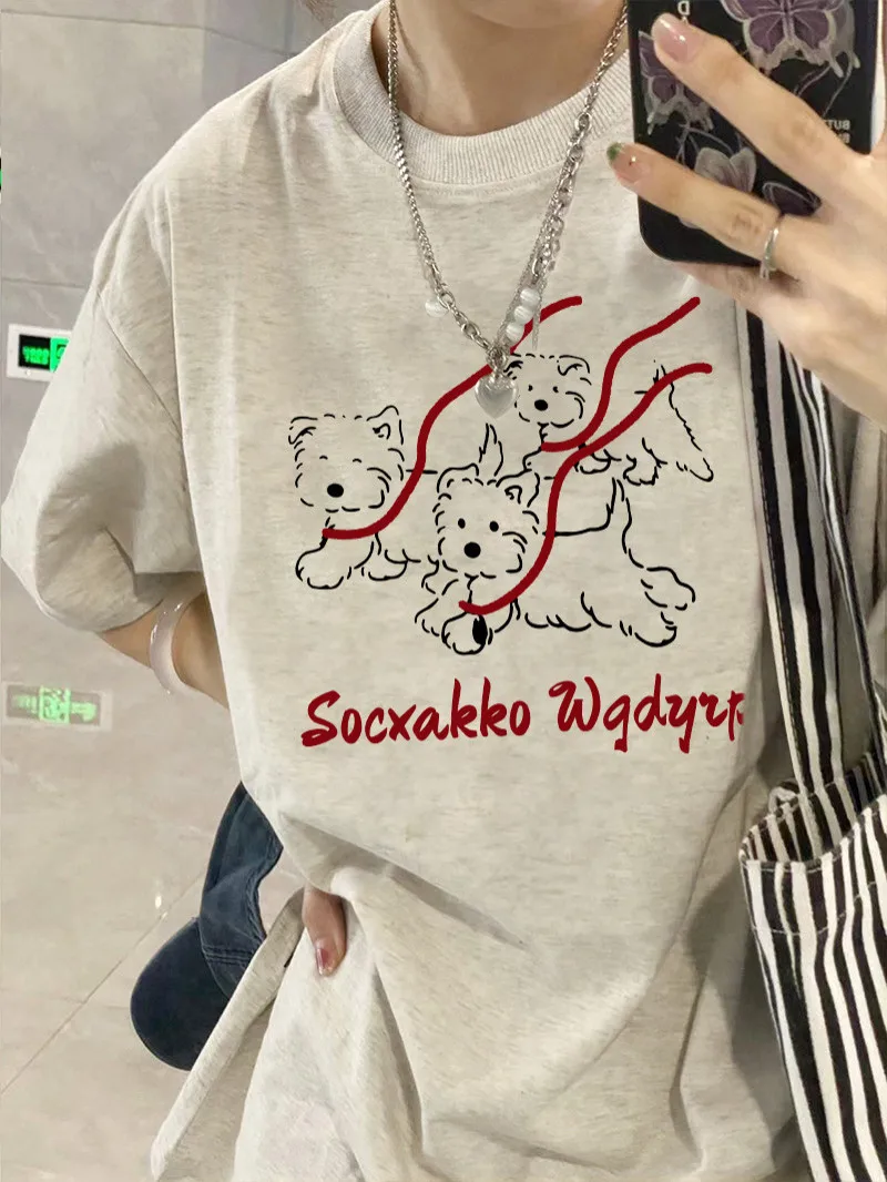 เสื้อยืดผ้าฝ้ายแท้ทรงหลวมพิมพ์ลายสุนัข สไตล์ลำลองสำหรับฤดูร้อน ระบายอากาศดี สไตล์เกาหลี คอกลม