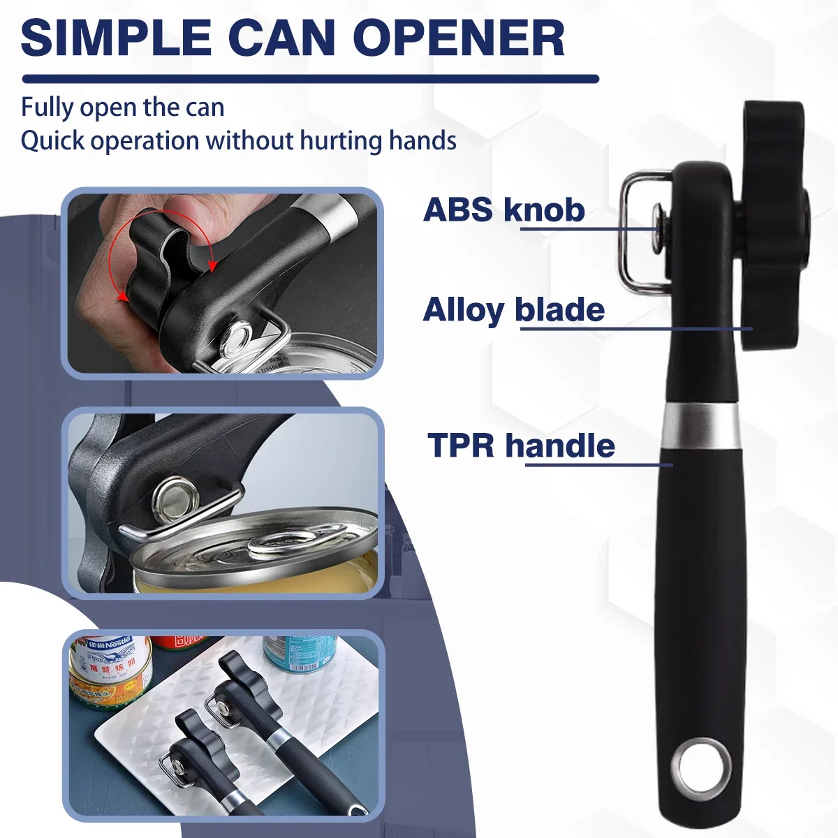 Safe Cut Can Opener, Smooth Edge Can Opener handheld, Food Grade Stainless Steel Cutting Can Opener for Kitchen & Restaurant