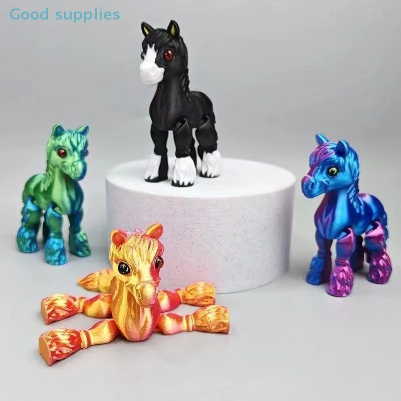 1PC 3D Printed Horse Figurine with Movable Tail Cute Simulated Horse Statue All-in-One Office Decor Random Color