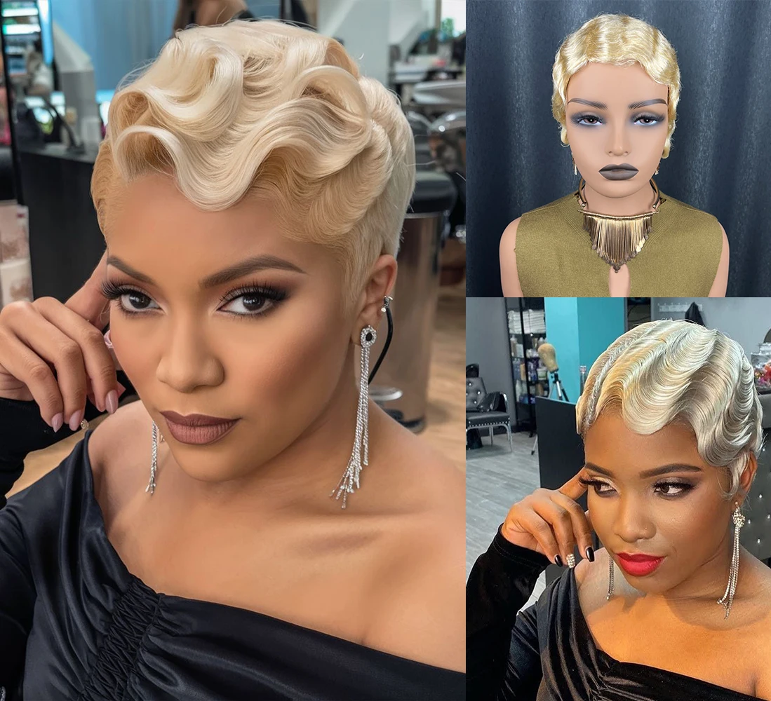 허니 블론드 인모 가발 짧은 브라질 레미 헤어 픽시컷 핑거 웨이브 스타일 가발 여성용 프리 플러킹 머신 메이드 캡