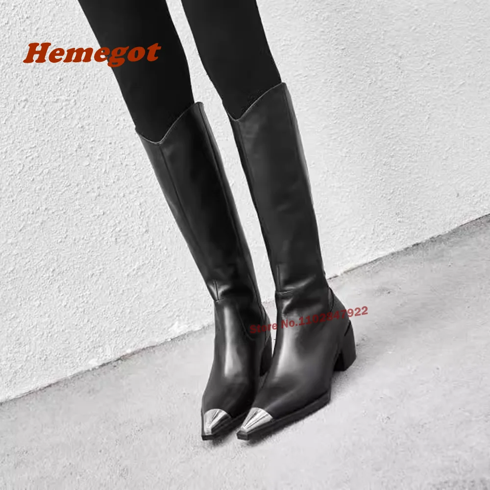 Metal Toe Square Heel Knee High Boots Winter Women\'s Boots Long Leather Warm Gladiator Shoes Luxury Newest Slip On Solid Casual